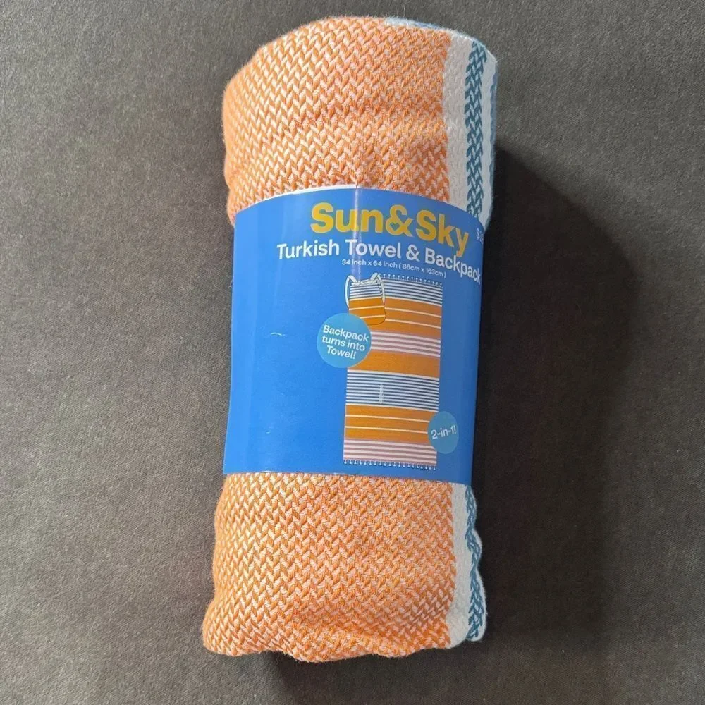 Sun & Sky Turkish Towel Backpack 2-in-1 Orange Blue Pink 34”x64” 100% Cotton NEW